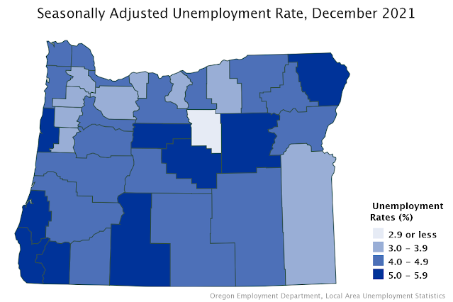 Oregon county map entitled "Seasonally Adjusted Unemployment Rate, December 2021". The unemployment was the highest in Grant County (5.9%). The unemployment rate was lowest in Wheeler County (2.8%).