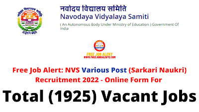 Free Job Alert: NVS Various Post (Sarkari Naukri) Recruitment 2022 - Online Form For Total (1925) Vacant Jobs