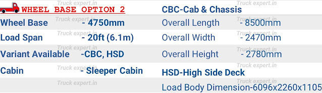 Ashok leyland Ecomet Star 1415 HE Sleeper Cabin  option 2 - Sleeper Cabin         Ashok leyland Ecomet Star 1415 HE of 4750mm wheelbase have a load body span of 20ft (6.1m), the overall dimensions of cab & chassis (chassis without load body) are mentioned above including its overall length-8500mm, overall height-2780mm, overall width-2470mm & fuel tank capacity of 185 Ltr.   This vehicle comes with only high side deck load body option with an internal cargo box / load body length of 6096mm & a width of 2260mm,the internal height of 1105mm.Please refer to the top of the page for detailed specifications.
