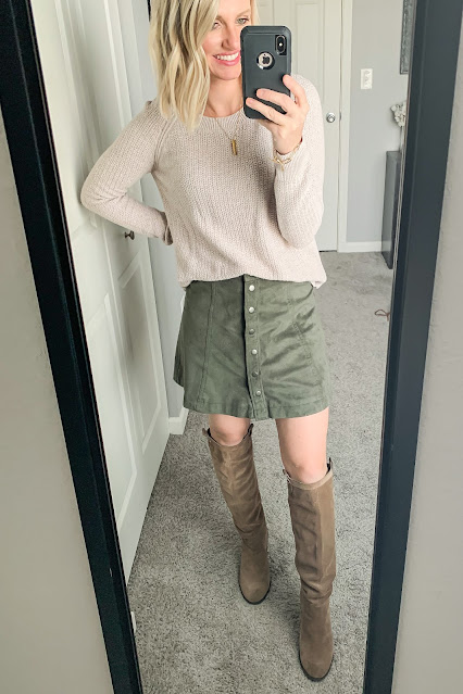 Abercrombie green faux suede skirt from ThredUp.