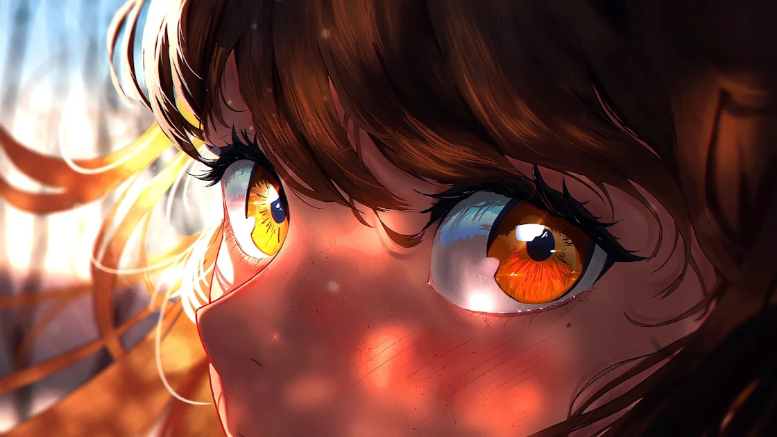 Close-up of vivid anime eyes, with intricate details capturing the reflection of light, symbolizing depth and emotion, in high-definition.