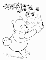 Winnie the Pooh holding honey pitcher and bees flying after him