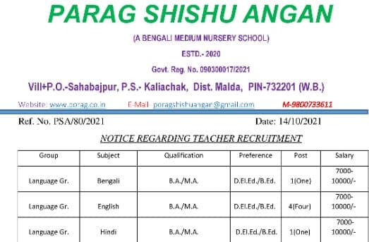 Bengali Teacher Recruitment In West Bengal 2021-2022 New Notification