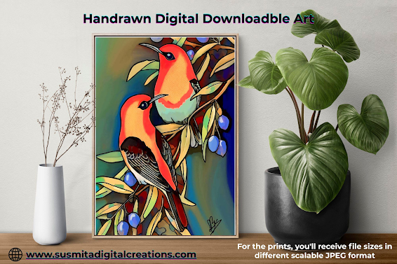 Susmita Digital Creations: Hand Drawn Two Colourful Birds on a Branch ...