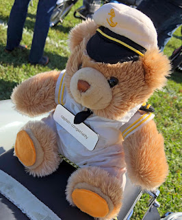 Stuffed bear with captain's hat.