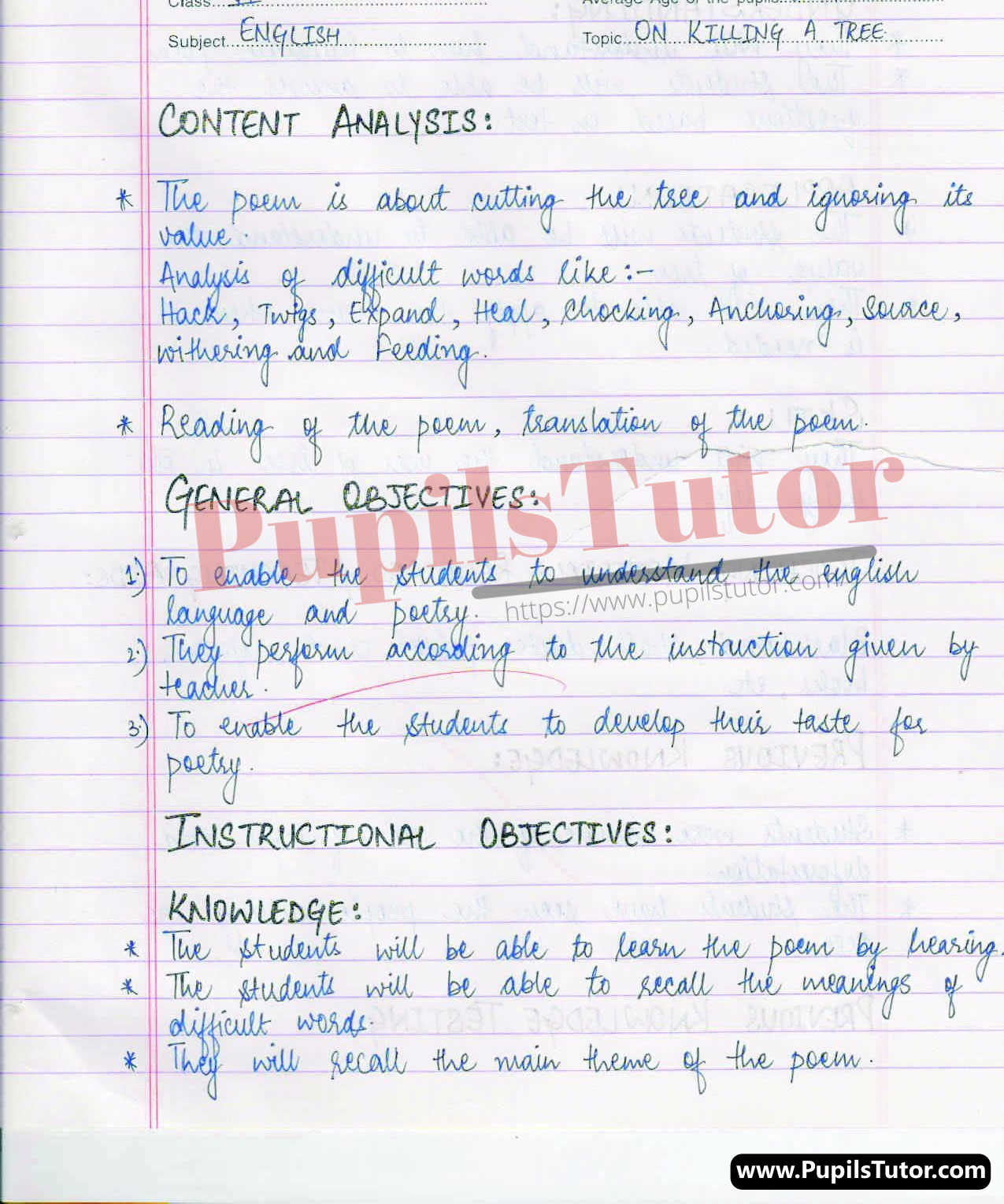 Simulated Teaching  English Lesson Plan For Class 9 On On Killing A Tree (Poetry) – (Page And Image Number 1) – Pupils Tutor