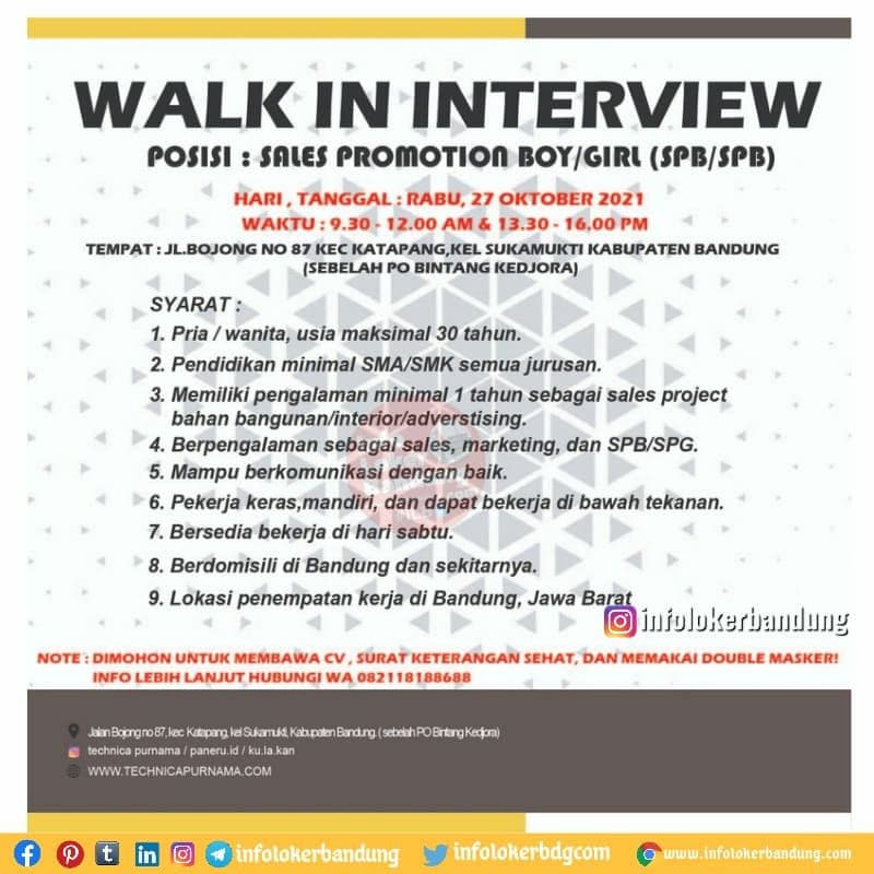 Walk In Interview Posisi : SPG & SPB Paneru Bandung Rabu 27 Oktober 2021