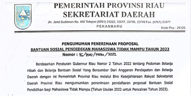 Pemprov. Riau Kembali Buka Beasiswa Dalam Bentuk Bantuan Sosial Pendidikan Tahun 2022