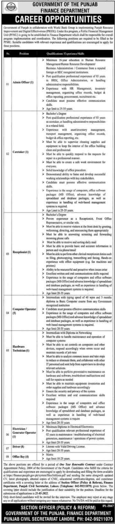 Finance Department Jobs 2022 | Latest Job in Pakistan