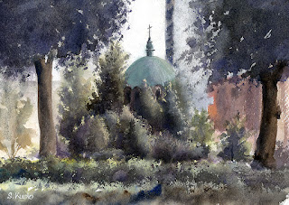 水彩画　ニコライ堂を望む　ソラシティの庭木越しに眺めたニコライ堂