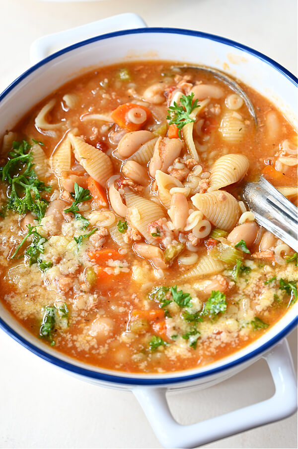 close up of a comforting pasta fagioli soup