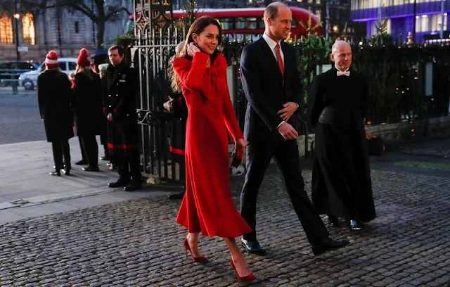 Kate Middleton in red Catherine Walker coat, Princess Beatrice in Fold wool coat, Princess Eugenie in Chloe green cape. Zara Tindall