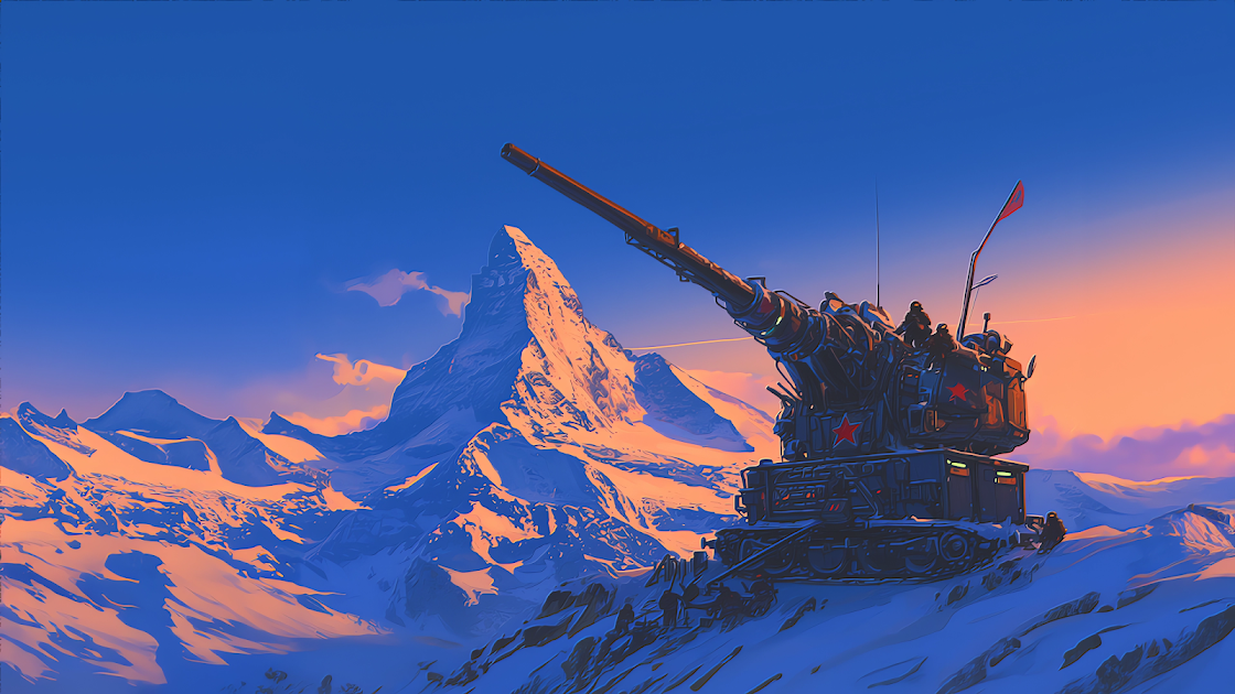 A military tank equipped with a large cannon stands in the foreground of a snowy mountain range under a dusky sky.