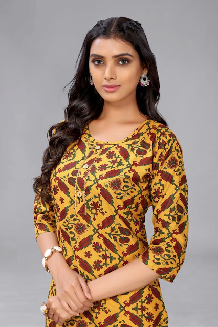 Mustard Colored Cotton Abstract Print Kurti.