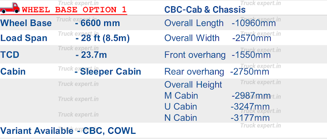 Ashok leyland 4825 DTLA MAV option 1 Ashok leyland 4825 DTLA of 6600 mm Wheelbase have a load body span of 28ft (8.5m), the overall dimensions of cab & chassis (chassis without load body) are mentioned above including its overall length-10960mm, overall height -2987mm / 3247mm / 3177mm, overall width-2570m, turning circle radius of 23.7m & cross-linked polymer fuel tank capacity of 220 Ltr / 300Ltr / 375 Ltr.   CHASSIS OPTIONS : CBC, COWL.