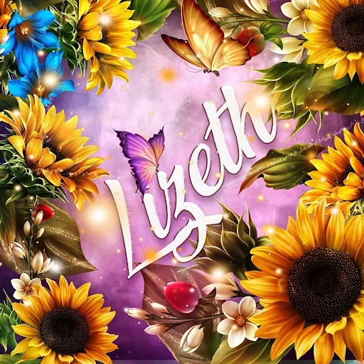 imágen con el nombre lizeth con fondo de girasoles y mariposas para descargar gratis