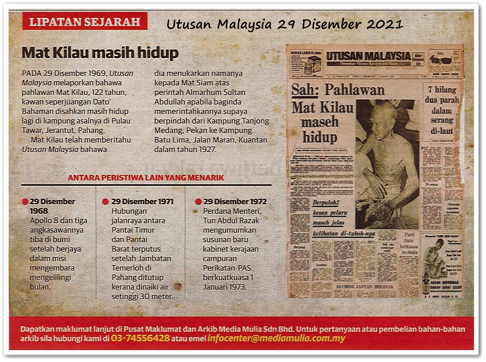 Lipatan sejarah 29 Disember - Keratan akhbar Utusan Malaysia 29 Disember 2021