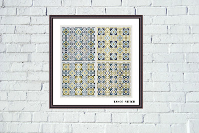 Gold blue ornament cross stitch sampler pattern