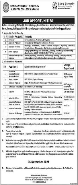 Job Opportunities in Bahria University Medical & Dental College Karachi