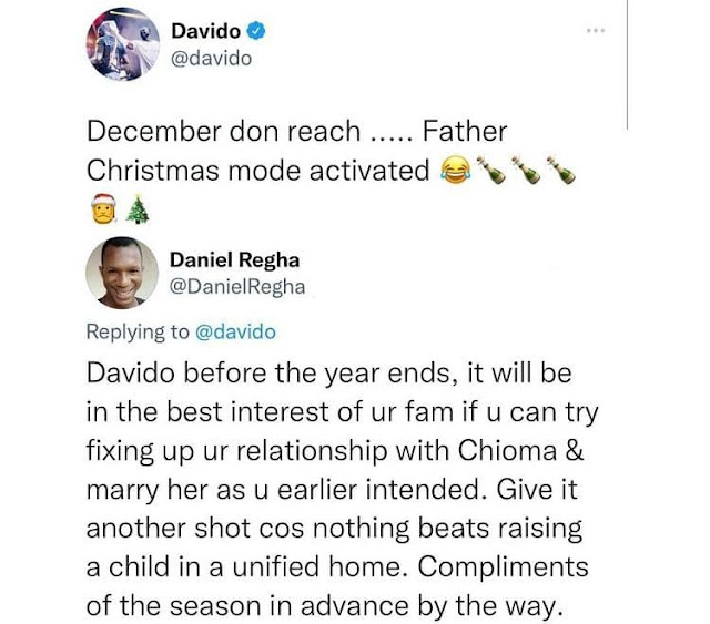 Marry Chioma before this year ends- Fan slams Davido for bragging about christmas (Screenshot)