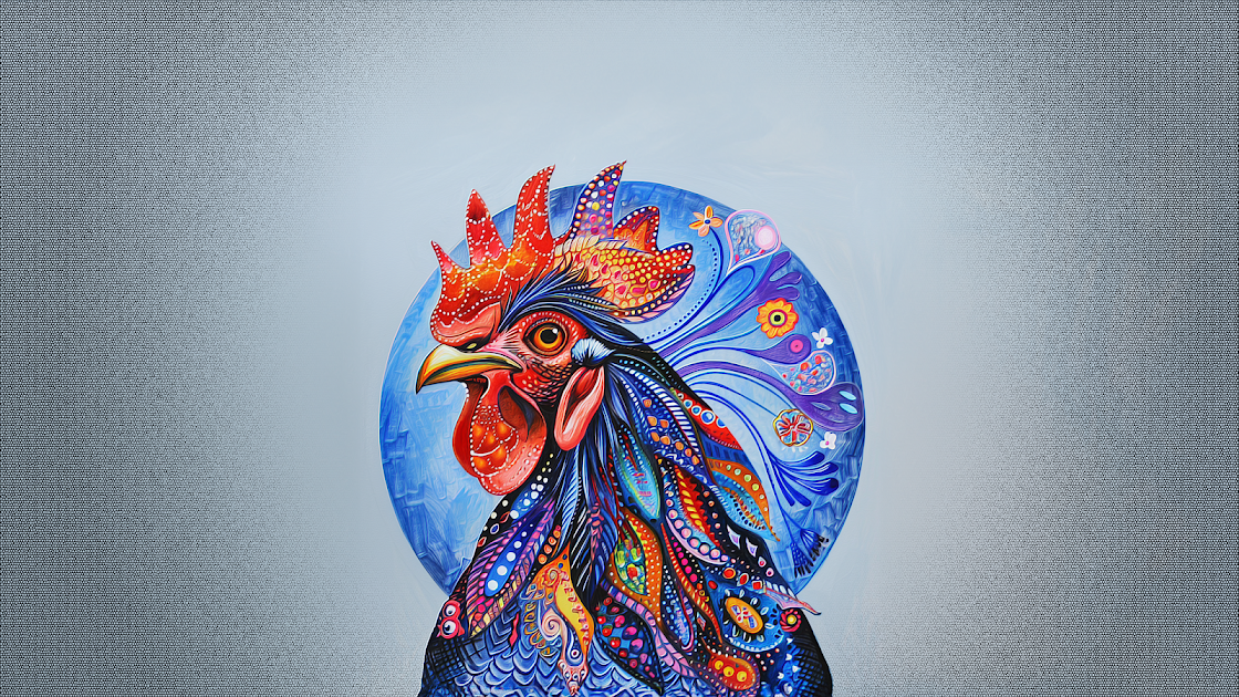A vibrant digital painting of a rooster featuring intricate patterns and bold colors. The rooster is set against a blue circular background, with detailed feathers and expressive design elements creating a striking and dynamic image.