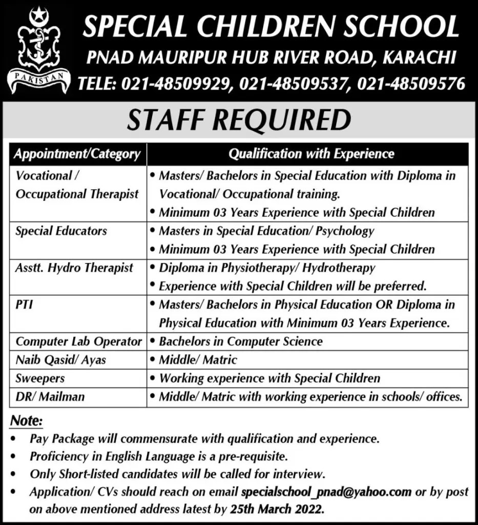 Pakistan Navy Special Children School Karachi Jobs 2022