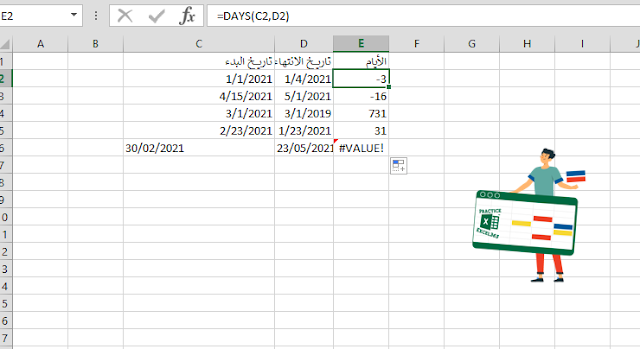 شرح صيغة الدالة DAYS في برنامج مايكروسوفت Excel