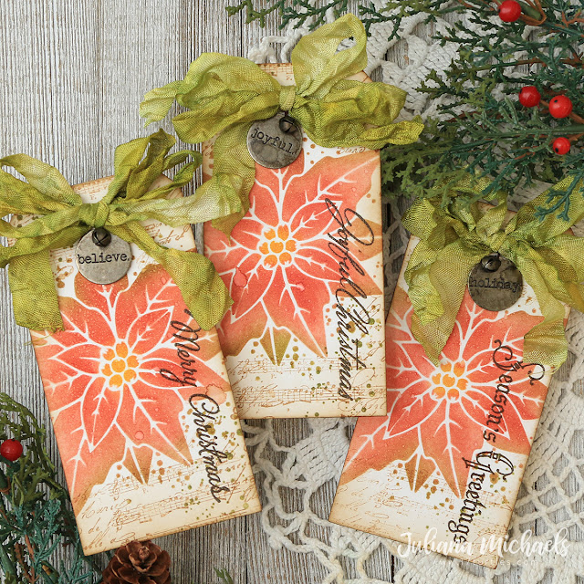 Poinsettia Christmas Gift Tags by Juliana Michaels featuring the Tim Holtz Poinsettia Duo Layering Stencil, The Poinsettia Stamp Set and Christmas Time Number Three