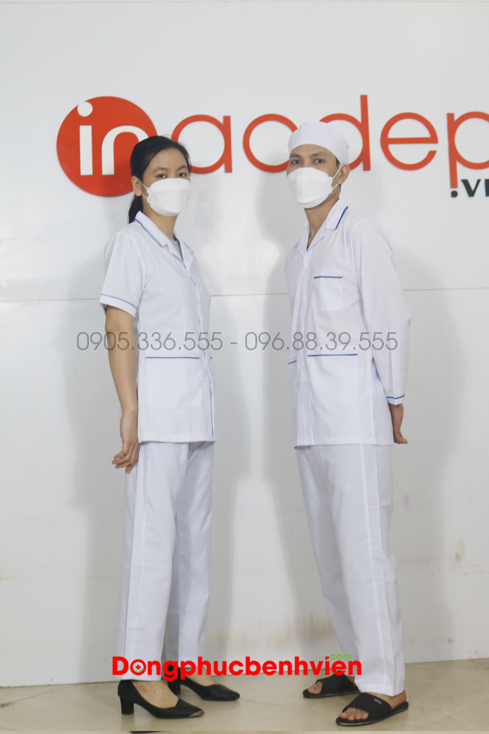 Quần áo y tá màu trắng viền xanh dương