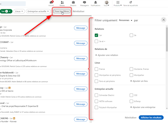 LinkedIn - Gérer vos relations - avec tous les filtres