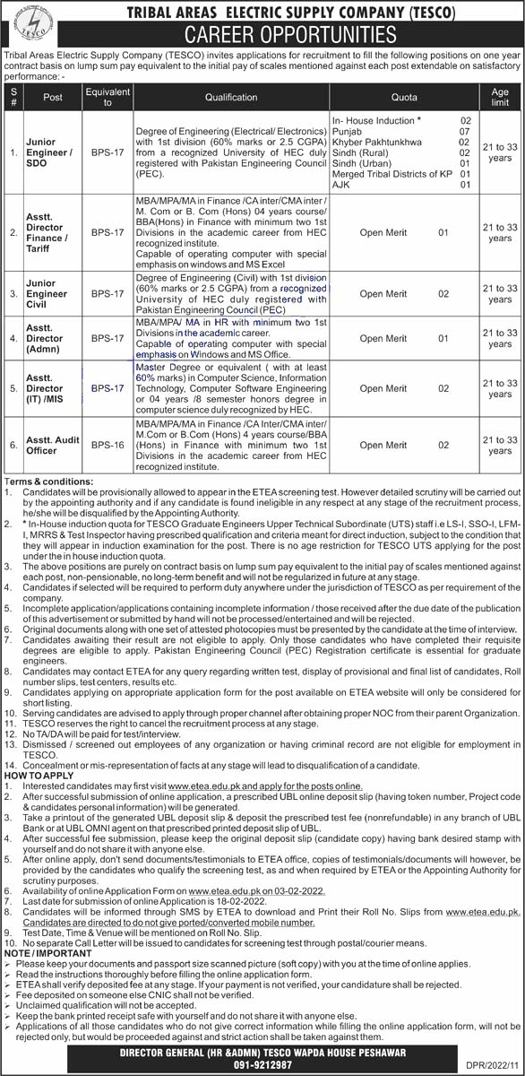 Tribal Areas Electric Supply Company TESCO Jobs 2022 | jobs 2022