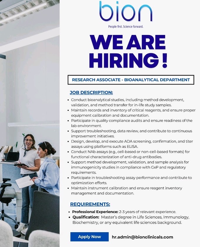 💊📝 Research Associate Role at Bion | Bioanalytical Dept | 3+ Yrs Experience