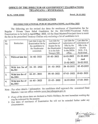 Orders extending 10th class exam fee dates to 14th February