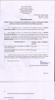 Grant of Combined Duty Allowance to Branch Postmasters (BPMs) working at Single handed Branch Post Offices-regarding.