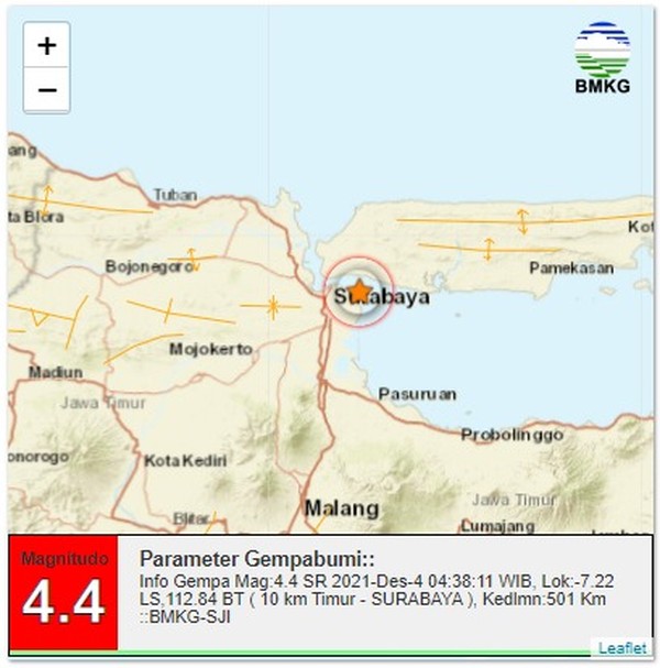 Gempa M 4.4 Guncang Surabaya Jawa Timur 
