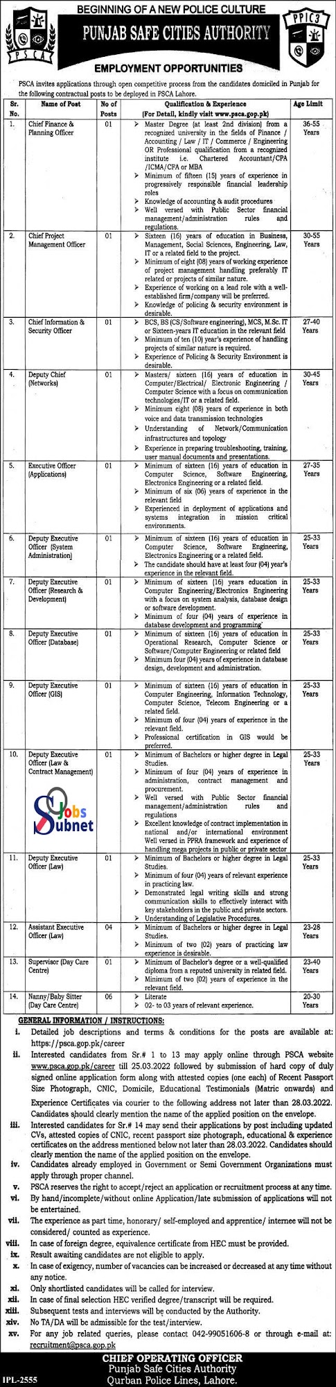 Latest New Govt Punjab Police safe Cities Authority PSCA jobs 2022 Advertisement