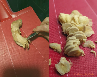 How to peel and slice fresh ginger rhizome to make infused honey for natural cold care