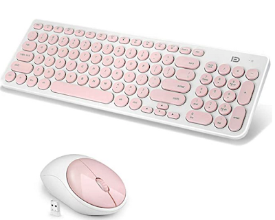 A pink and white wireless keyboard and mice set for women.