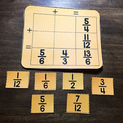 Adding Fractions Number Puzzles - print and digital: puzzle #1 with all 6 sorting slips. Giving students only the 4 sorting slips that will correctly complete the puzzle lessens the intensity of this fractions puzzle.