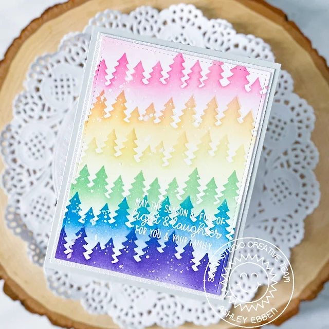 Sunny Studio Stamps: Forest Tree Stenciled Holiday Card by Ashley Ebben (featuring Stitched Rectangle Dies, Inside Greetings)