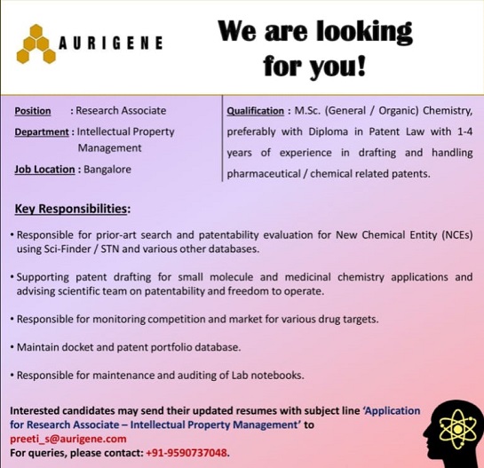 Aurigene Pharma | Hiring for Research associates in IPM | Send CV