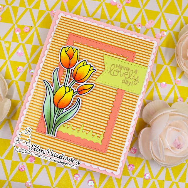 Lovely Day Tulip Card by Ellen Haxelmans | Tulips Stamp Set, Framework Die Set, Frames & Flags Die Set, Land Borders Die Set and Springtime Paper Pad by Newton's Nook Designs #newtonsnook