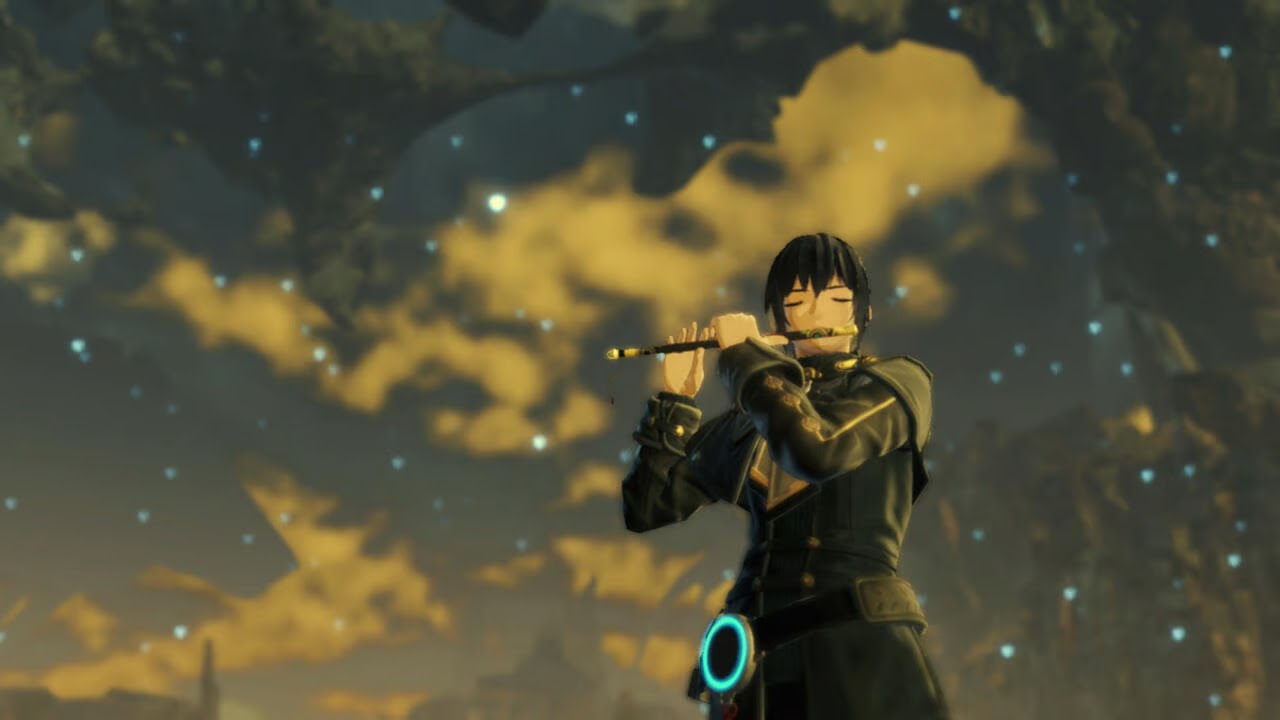 Cena do jogo Xenoblade Chronicles 3, em que o protagonista toca flauta e pequenas luzes flutuam no ar