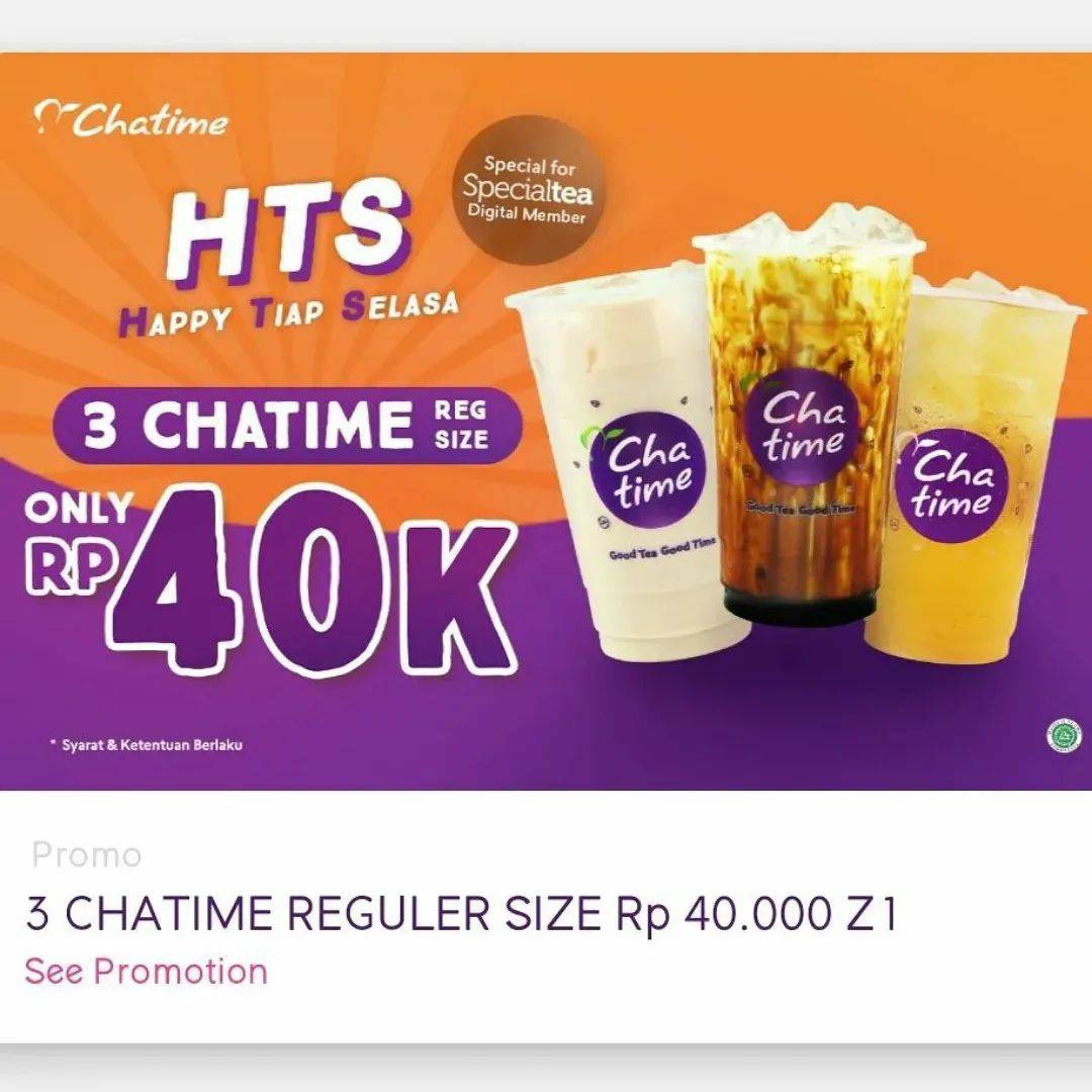 Promo CHATIME HTS Terbaru Happy Tiap Selasa - Beli 3 Cup Minuman Cuma Rp40.000