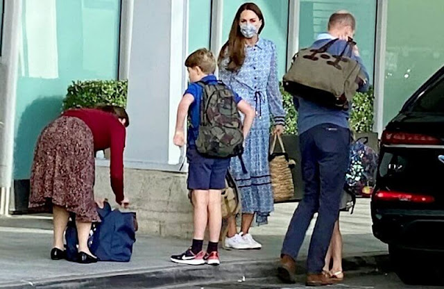 Kate Middleton wore a new violet blue diamond geo maxi shirt dress from Me+Em. George, Charlotte and Louis