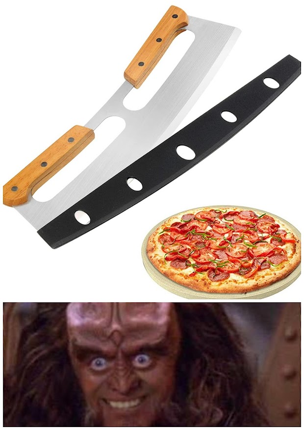 Gowron REALLY LIKES the pizza cutter, but he might like pizza better with gagh as a topping...