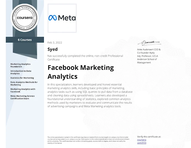 كورس اونلاين مجاني الشهادة الاحترافية: في تحليلات التسويق من شركة فيسبوك "ميتا" علي منصة كورسيرا Coursera | Meta Marketing Analytics Professional Certificate