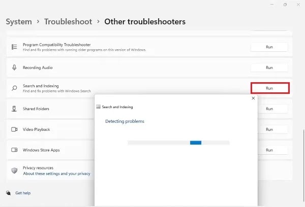 Troubleshooter فهرس Windows 11