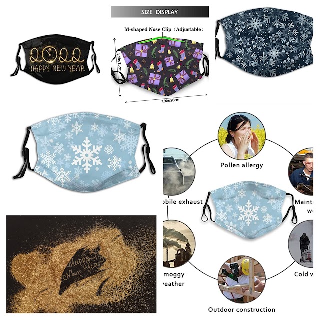 Happy New Year Mask 2022? Merry Christmas Face Mask Snowflake Mask Happy New Year Gift Balaclava Bandanas Reusable Fabric Mask With 2 Filter