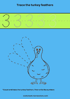 count nd trace worksheets, thanksgiving count and trace worksheets, turkey feathers count and trace worksheets @momovators